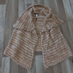 Kensie Boho Faux Fur Open Vest Hi-low Cardigan Sweater Tan